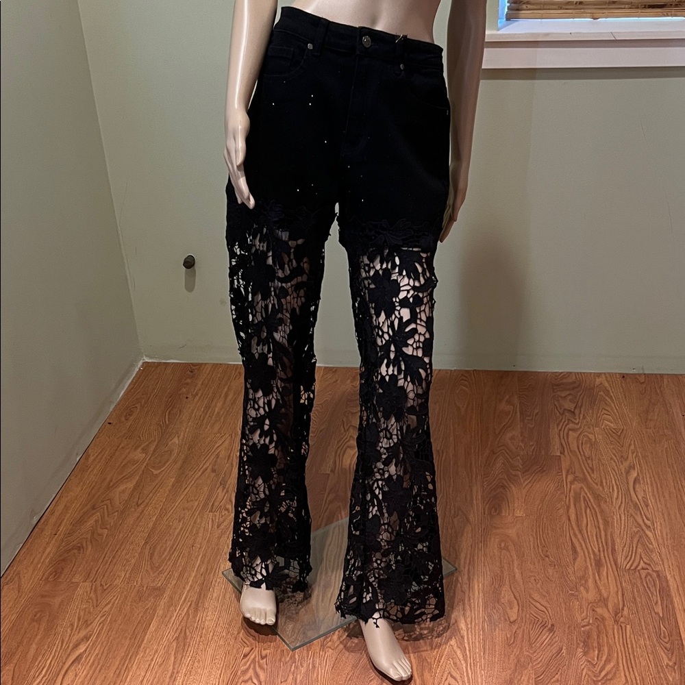 Legend Black Lace Panel Jeans With rhinestones size L